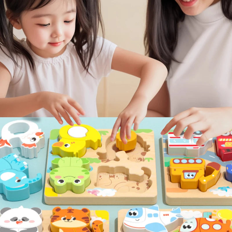 Baby Montessori Toys Kids 3D Wooden Puzzle Animal Traffic Car Jigsaw 0-3 Year Toddler Early Learning Educational Cognitive Games