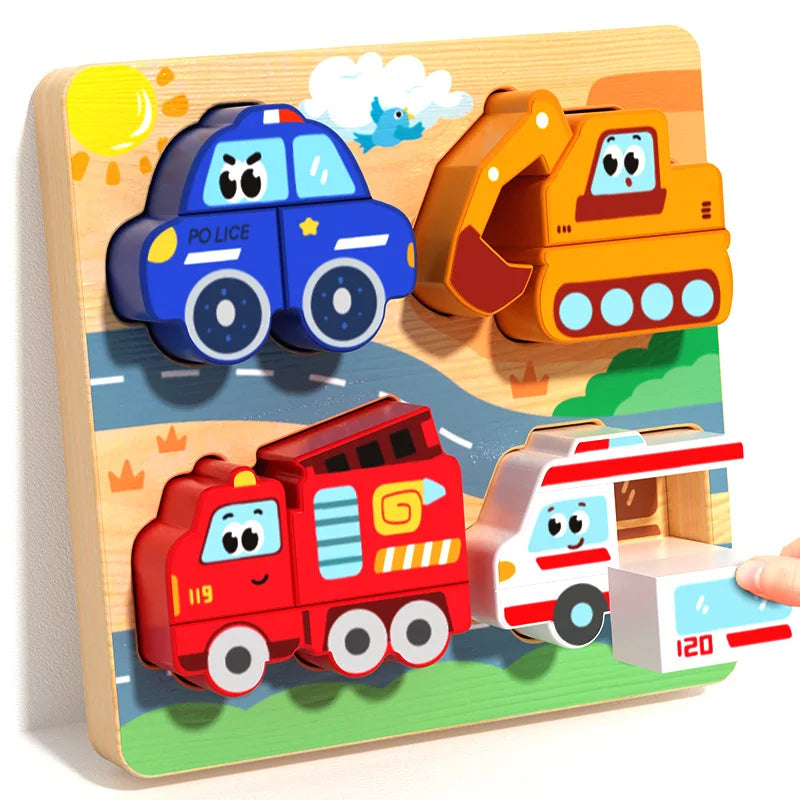 Baby Montessori Toys Kids 3D Wooden Puzzle Animal Traffic Car Jigsaw 0-3 Year Toddler Early Learning Educational Cognitive Games