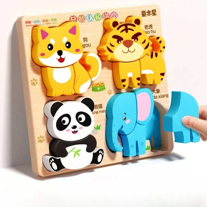 3D Cartoon Wooden Puzzles Animal Traffic Jigsaw Toys for Kids Montessori Early Learning Educational Cognitive Game Children Gift