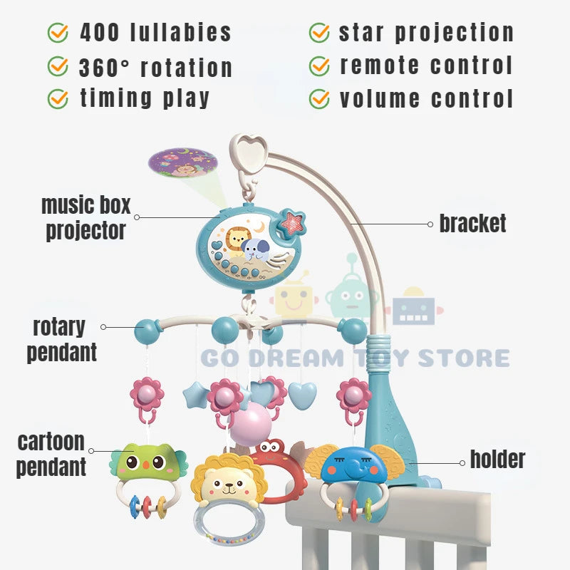 Baby Crib Mobile Rattles Toys Remote Control Star Projection Timing Newborn Bed Bell Toddler Carousel Musical Toy 0-12M Gifts