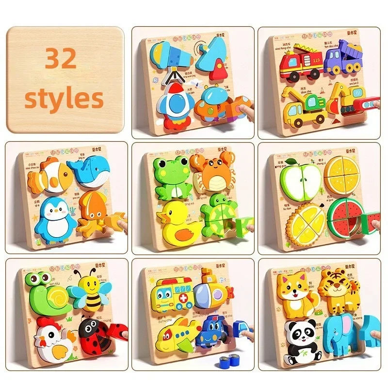 3D Cartoon Wooden Puzzles Animal Traffic Jigsaw Toys for Kids Montessori Early Learning Educational Cognitive Game Children Gift