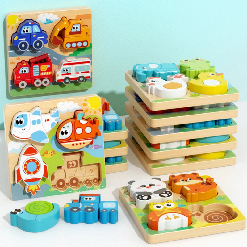 Baby Montessori Toys Kids 3D Wooden Puzzle Animal Traffic Car Jigsaw 0-3 Year Toddler Early Learning Educational Cognitive Games