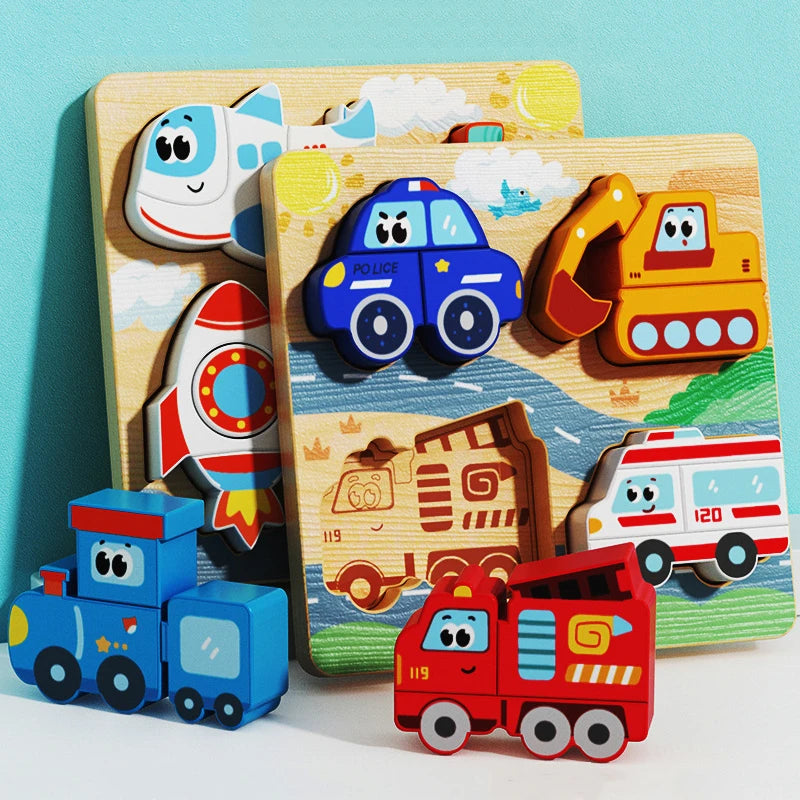 Baby Montessori Toys Kids 3D Wooden Puzzle Animal Traffic Car Jigsaw 0-3 Year Toddler Early Learning Educational Cognitive Games