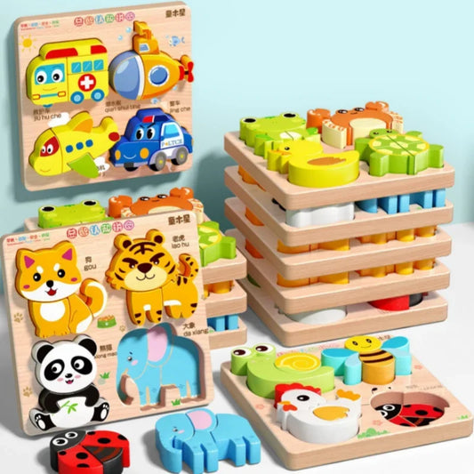 3D Cartoon Wooden Puzzles Animal Traffic Jigsaw Toys for Kids Montessori Early Learning Educational Cognitive Game Children Gift