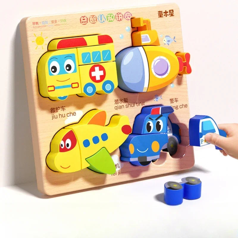 3D Cartoon Wooden Puzzles Animal Traffic Jigsaw Toys for Kids Montessori Early Learning Educational Cognitive Game Children Gift